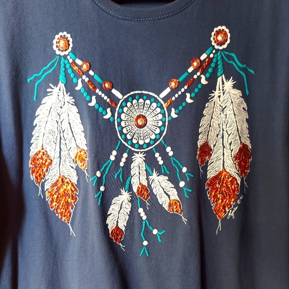 Synee Apparel Vintage Blue Gray Cotton Native Inspired T-Shirt - Picture 5 of 8